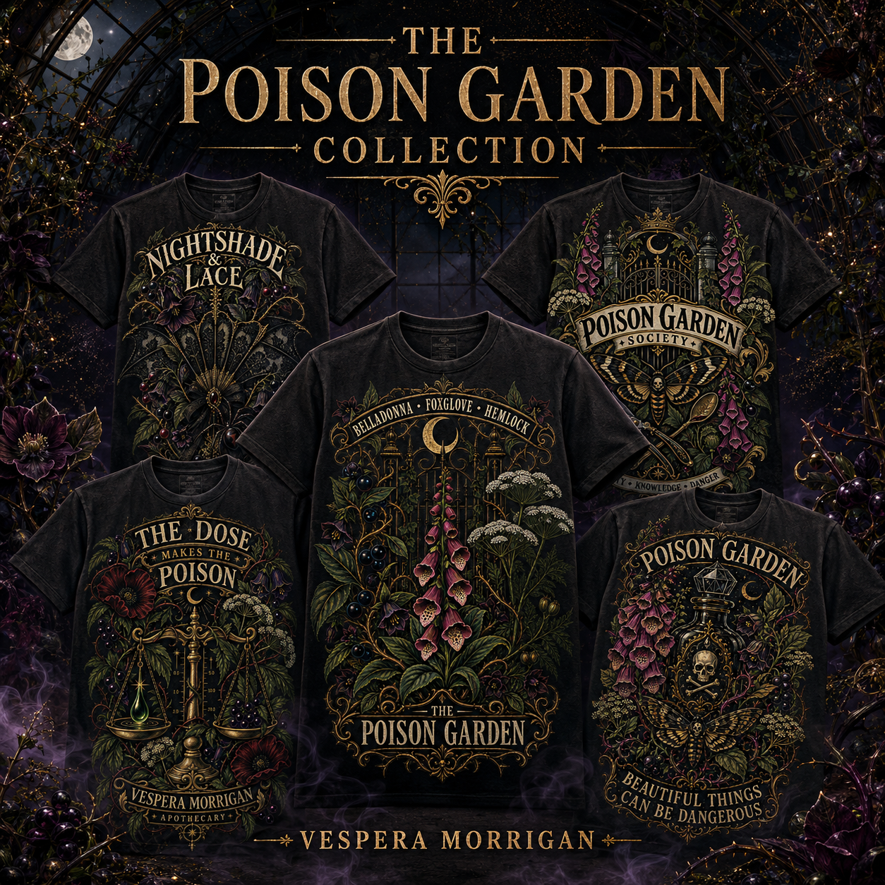 The Poison Garden Collection: moonlit gothic botanicals, apothecary details, and Vespera Morrigan designs